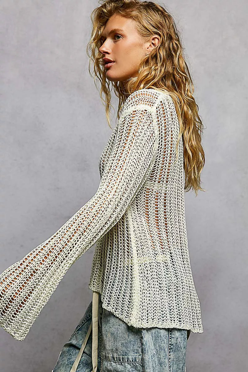 POL Off White Openwork Round Neck Knit Cover Up