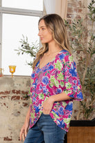 Sew In Love Magenta V-Neck Floral Half Sleeve Top Trendsi