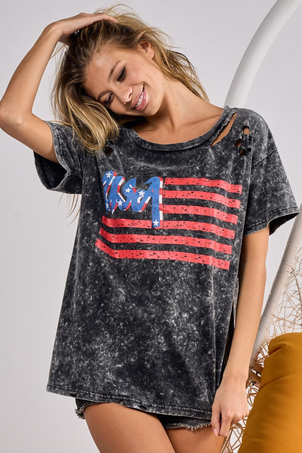 BiBi Black Charcoal US Flag Washed Laser Cut T-Shirt Black Charcoal Trendsi