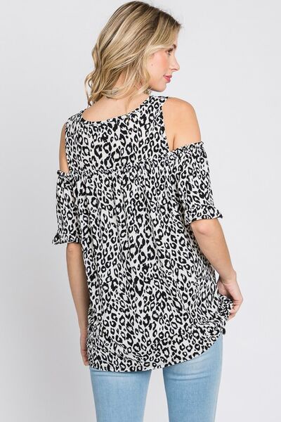 Heimish Leopard Round Neck Cold Shoulder Ruffle Sleeve Blouse