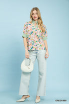 Umgee Green Mix Floral Print Jacquard Ruffle Top