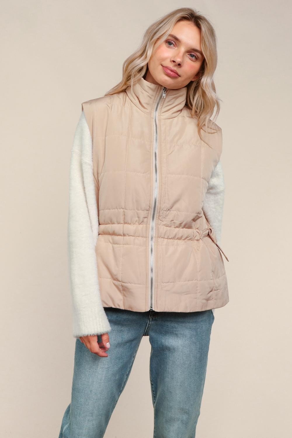 Haptics High Nevk Quilted Zip Up Tan Puffer Vest