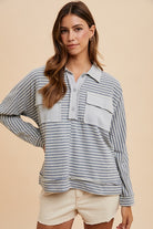 Annie Wear Gray Combo Striped Button Detail Long Sleeve Polo Top Grey Combo