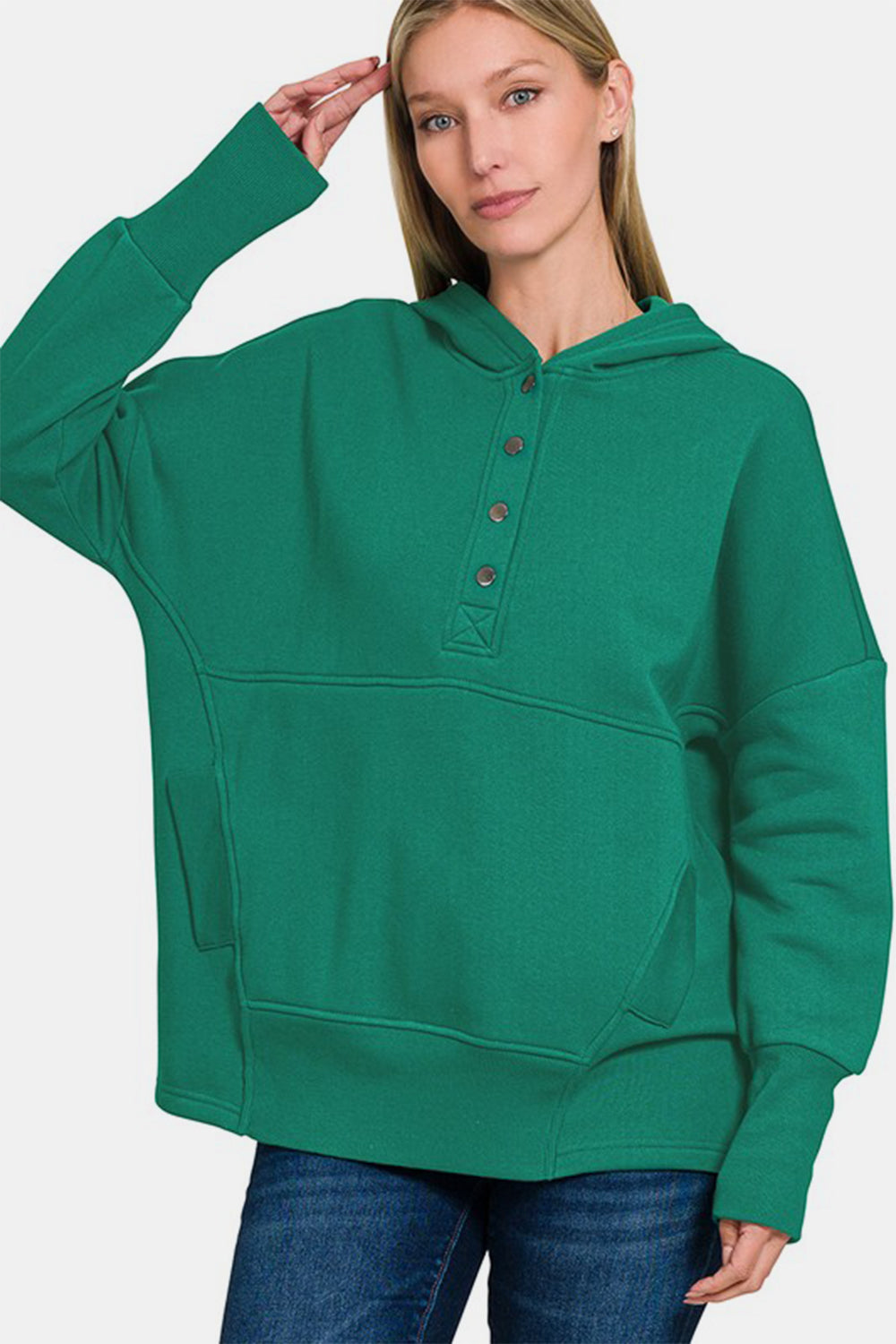 Zenana Dark Green Half Snap Long Sleeve Hoodie with Kangaroo Pocket Dark Green Shirts & Tops