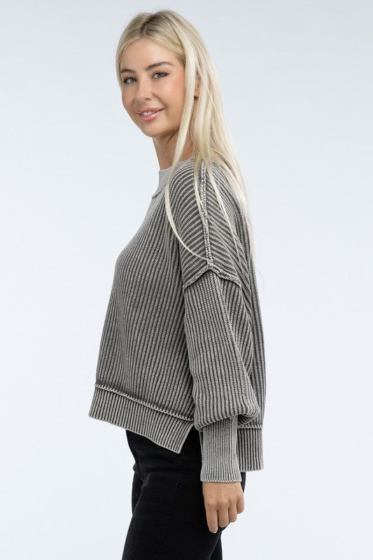 Zenana Washed Side Slit Oversized Cropped Sweater in 4 Colors! ZENANA