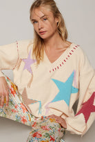 POL Pale Beige V-Neck Long Sleeve Star Fringe Sweater Trendsi