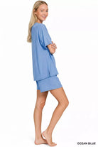 Zenana Ocean Blue Soft Melange Short Sleeve Tee and Shorts Set