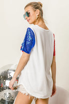 BiBi Metallic Letter America V-neck Sequin Sleeves Top