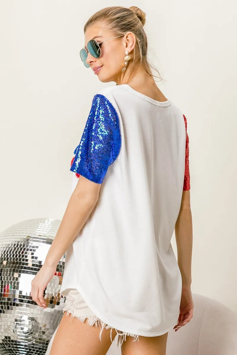 BiBi Metallic Letter America V-neck Sequin Sleeves Top