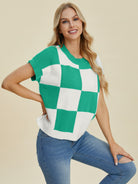 Double Take Checkered Round Neck Short Sleeve Sweater Trendsi