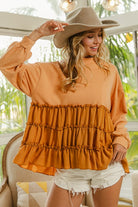BiBi Light Olive French Terry and Woven Mixed Tiered Top