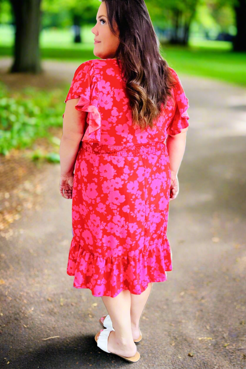 Haptics Remember Me Red & Pink Floral Print Smocked Waist Midi Dress Haptics
