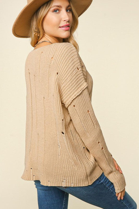 Haptics Eyes On You Taupe Distressed V Neck Ribbed Sweater Haptics