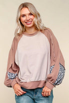 Haptics Taupe & Animal Print Oversized Dolman Colorblock Terry Top