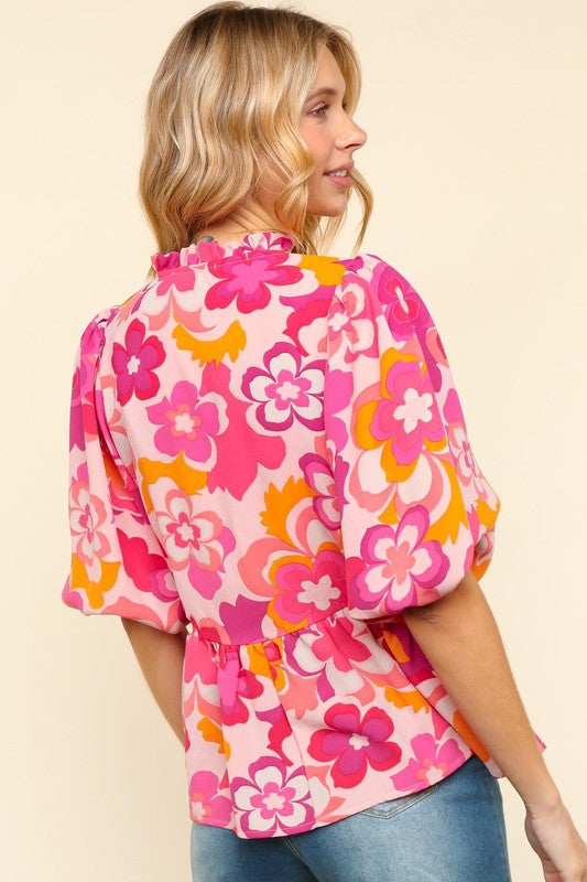 Haptics Pink/Yellow Floral Frill Balloon Short Puff Sleeve Blouse Shirts & Tops