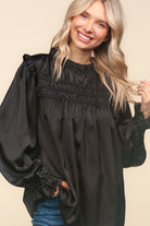 Haptics Be Your Best Black Satin Shirred Yoke Frilled Mock Neck Top Haptics