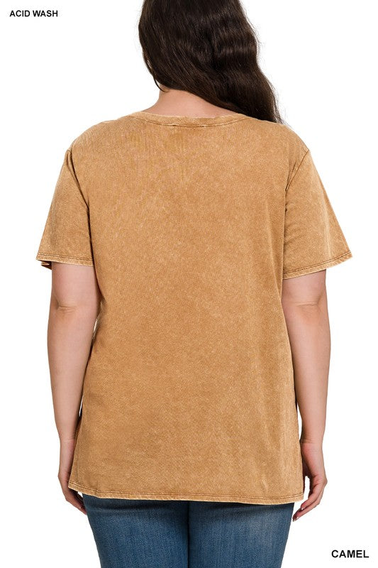 Zenana Camel Washed Short Sleeve V-Neck T-Shirt