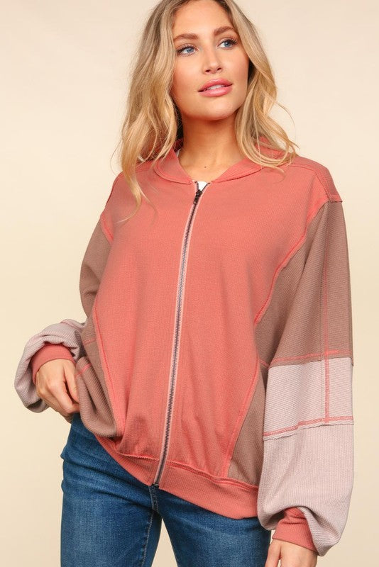 Haptics Camel Dolman Sleeve Colorblock Knit Bomber Jacket Haptics