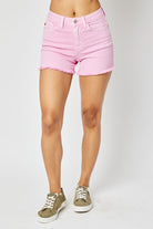 Judy Blue Pink Mid Rise Fray Hem Shorts Ruby Idol Apparel