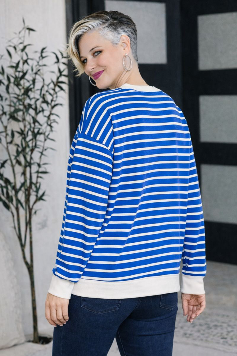 Zenana Ocean Blue Contrast Striped Round Neck Sweatshirt