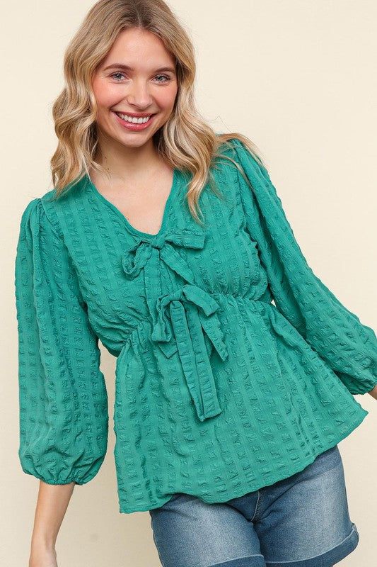 Haptics Mint V Neck Ribbon Bow Babydoll Woven Blouse