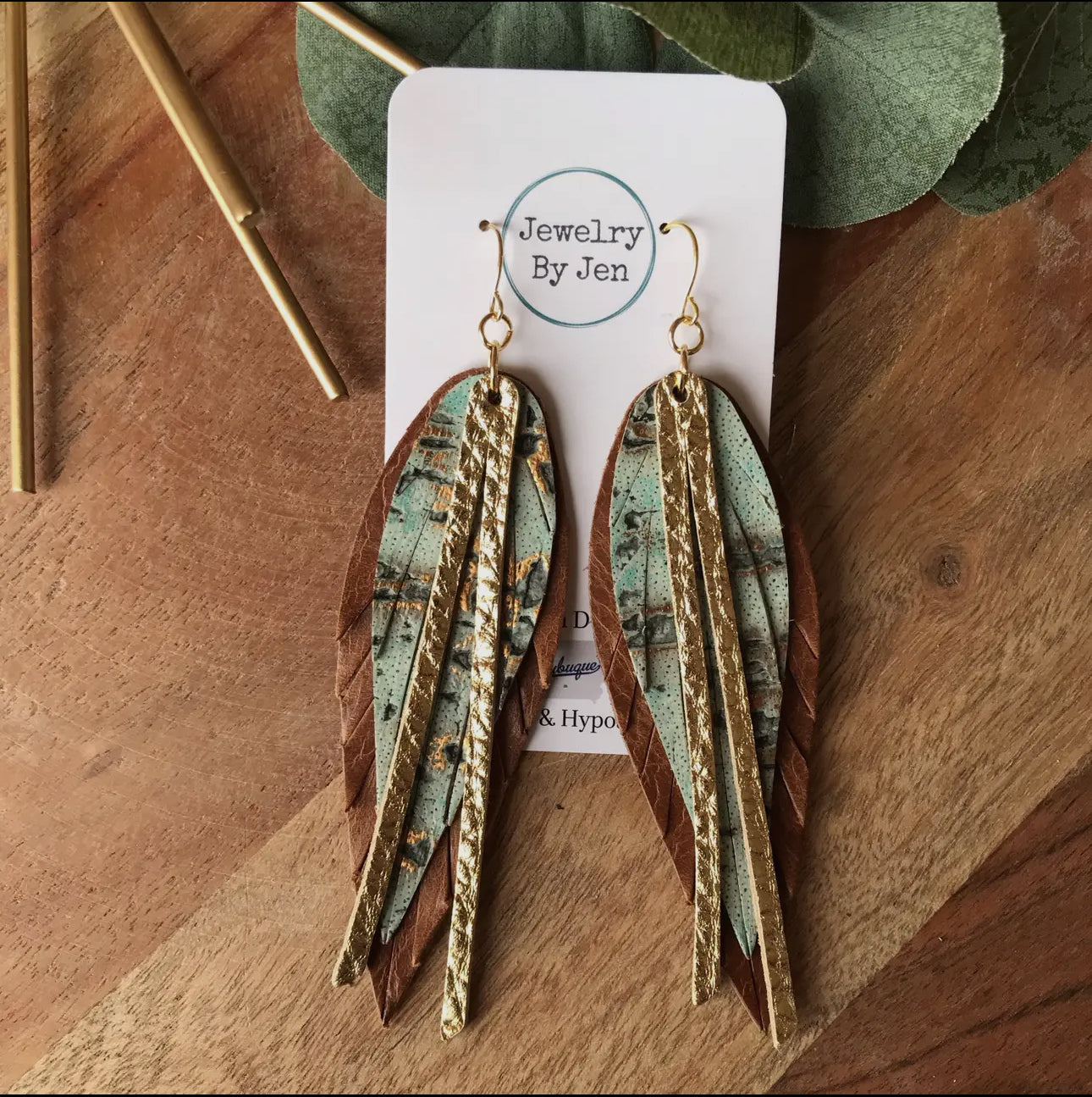 Handmade Genuine Leather Earrings- Narrow Fringe Feather in Cognac and Turquoise Ruby Idol Apparel