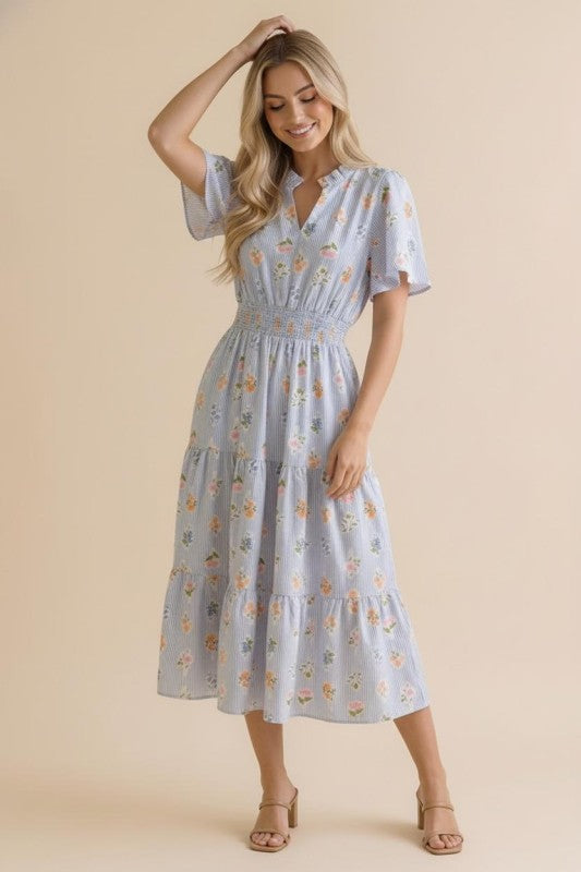 Haptics Flutter Into Late Summer Sweet Striped Floral Midi Dress