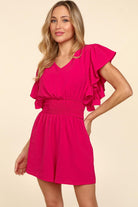 Haptics Feeling Femme' Fuchsia Smocked Waist V Neck Flutter Sleeve Romper Haptics