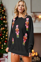 Preorder Double Take Sequin Nutcracker Round Neck Long Sleeve Christmas Sweatshirt Black Trendsi