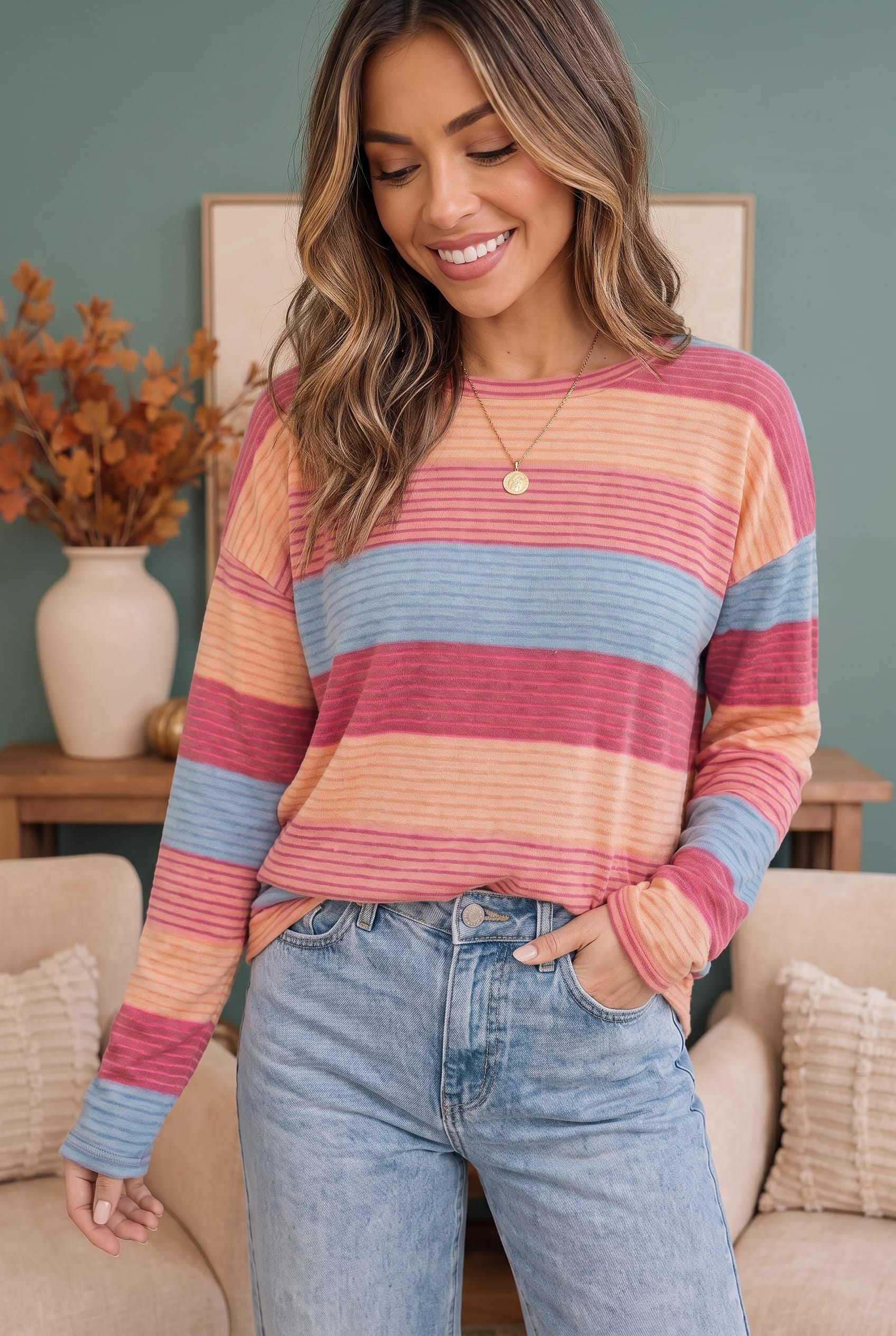 Haptics Sunny Stripes Long Sleeve Knit Top