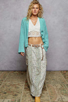 POL Aqua V-Neck Long Sleeve Cardigan with Crochet Exaggerated Buttons