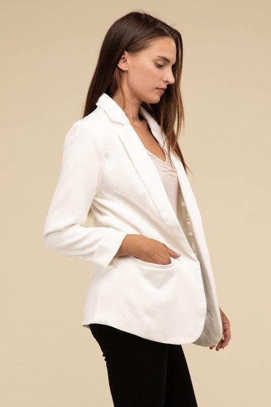 Zenana Woven Long Sleeve Open Front Classic Blazer ZENANA