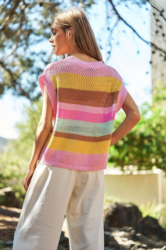 Davi & Dani Crochet Multi Striped Pullover Knit Sweater Vest Davi & Dani