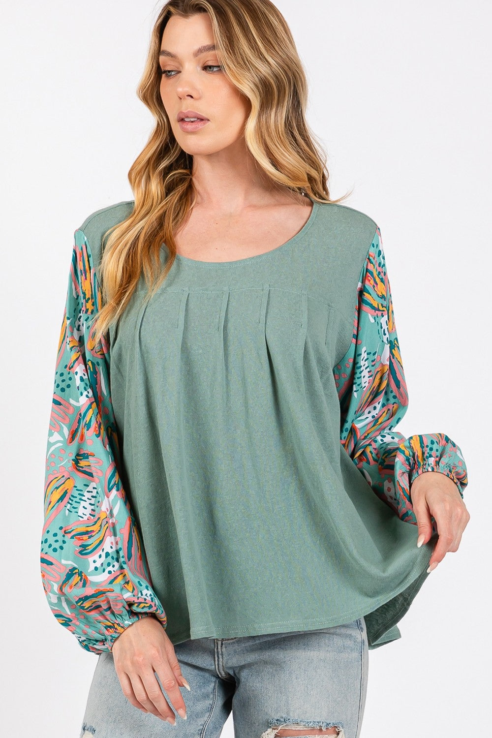 SAGE + FIG Ruched Round Neck Printed Bubble Sleeve Top Trendsi