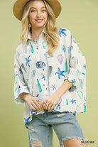 Umgee Seashell & Starfish Print Button-Down Top BLUE MIX