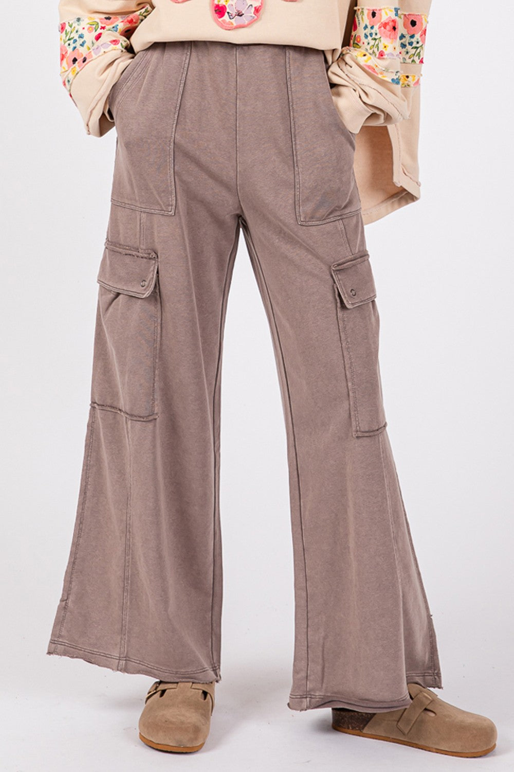 SAGE + FIG Charcoal Knit Terry Mineral Wash Wide Leg Pants Trendsi