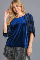 Umgee Navy Velvet Round Neck Leopard Balloon Sleeve Blouse Navy Shirts & Tops