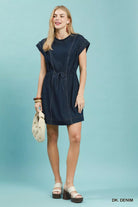 Umgee Dark Denim Drawstring Waist Frayed Denim Mini Dress