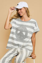 Umgee Peace Sign Patch Striped French Terry T-Shirt Gray