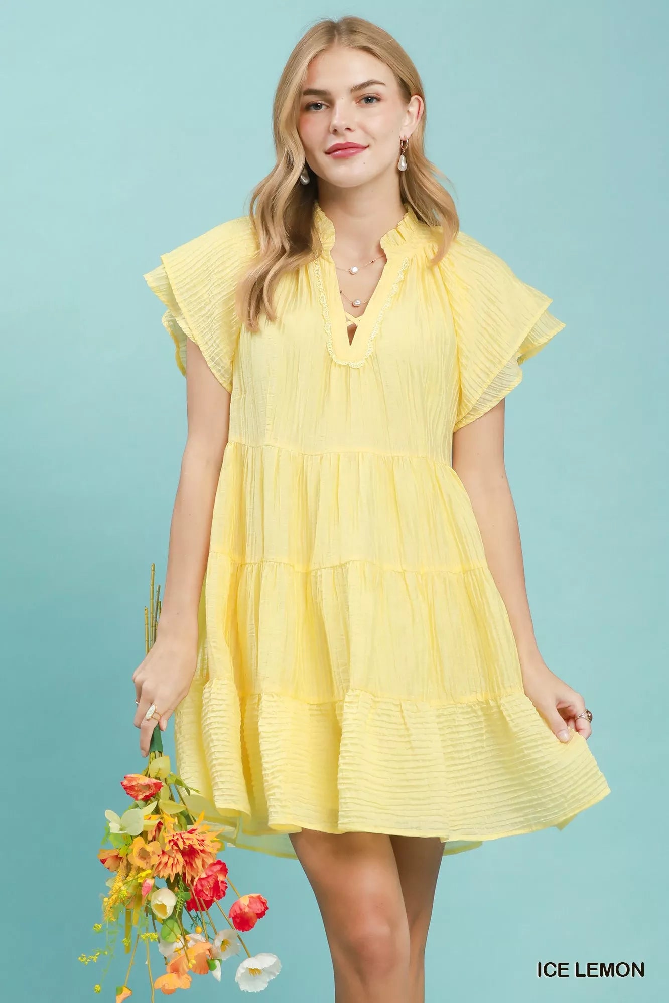 Umgee Tiered Ruffle Sleeve Textured Mini Dress ICE LEMON