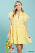 Umgee Tiered Ruffle Sleeve Textured Mini Dress ICE LEMON