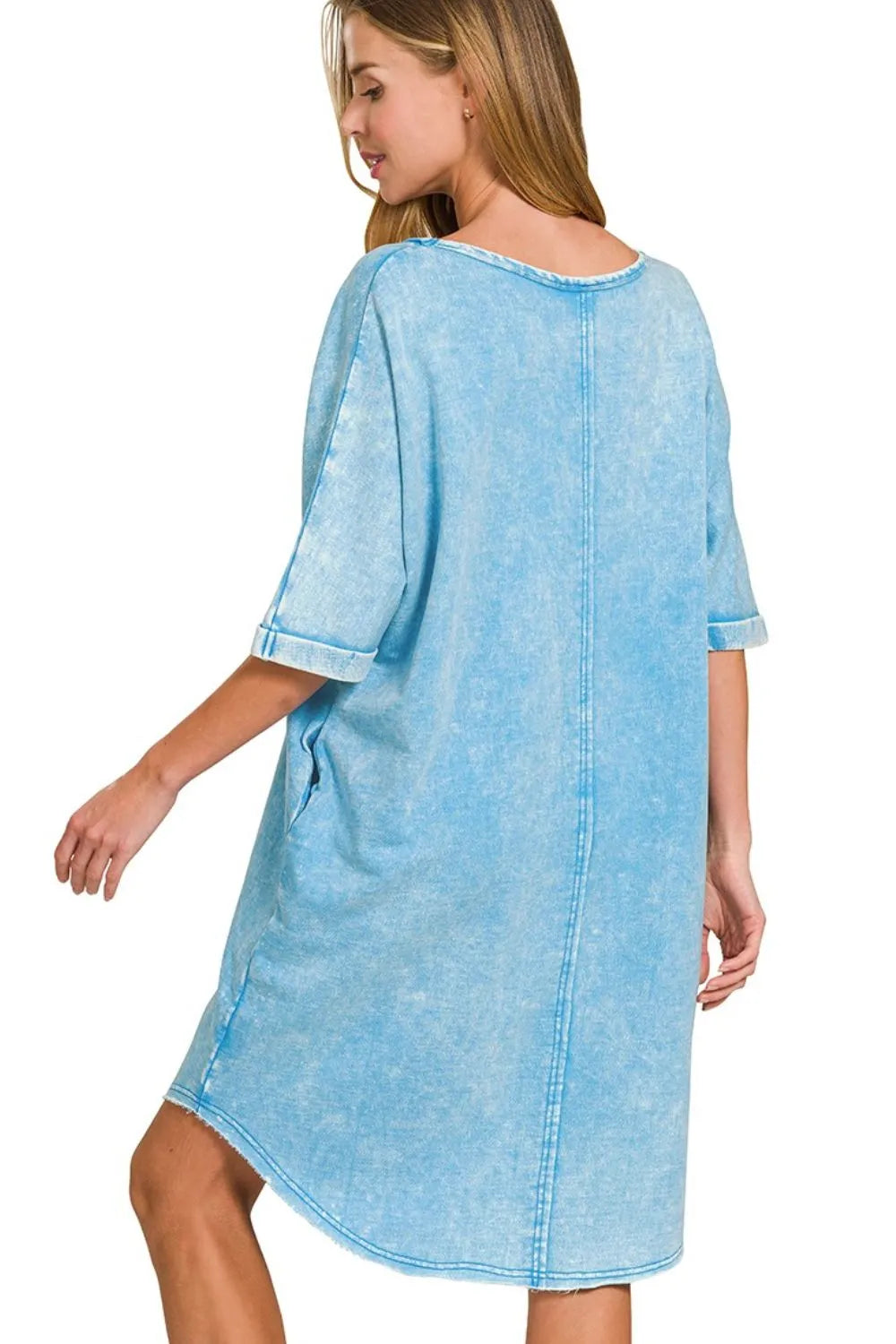 Zenana Deep Sky Acid-washed French Terry Tee Shirt Dress