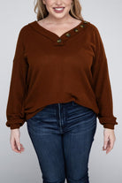 Zenana Plus Brushed Waffle V-Neck Button Detail Sweater DK RUST 2X ZENANA