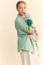 Davi & Dani Sage Fuzzy Smile Open Front Long Sleeve Cardigan