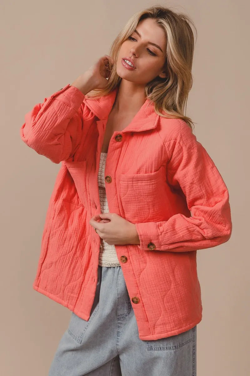 BiBi Coral Quilted Wrinkle Gauze Long Sleeve Shacket