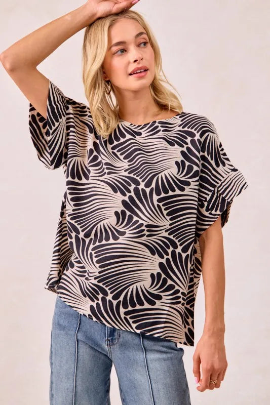 BiBi Black Print Woven Ruffled Sleeves Top