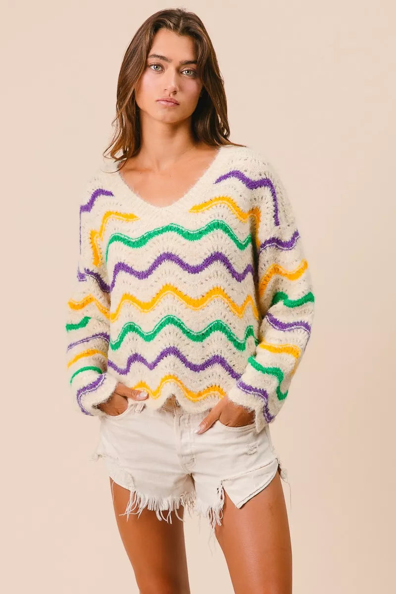 BiBi Mardi Gras Wavy Stripes V-Neck Sweater CREAM