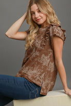 Umgee Ruffled Landscape Print Short Sleeve French Terry Blouse in Brown Shirts & Tops