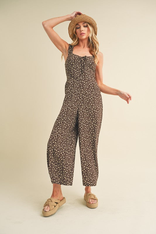 Aemi + Co Floral Sweetheart Neck Wide Leg Jumpsuit in Chocolate