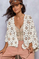POL Openwork V-Neck Chenille Cardigan with Contrast Floral
